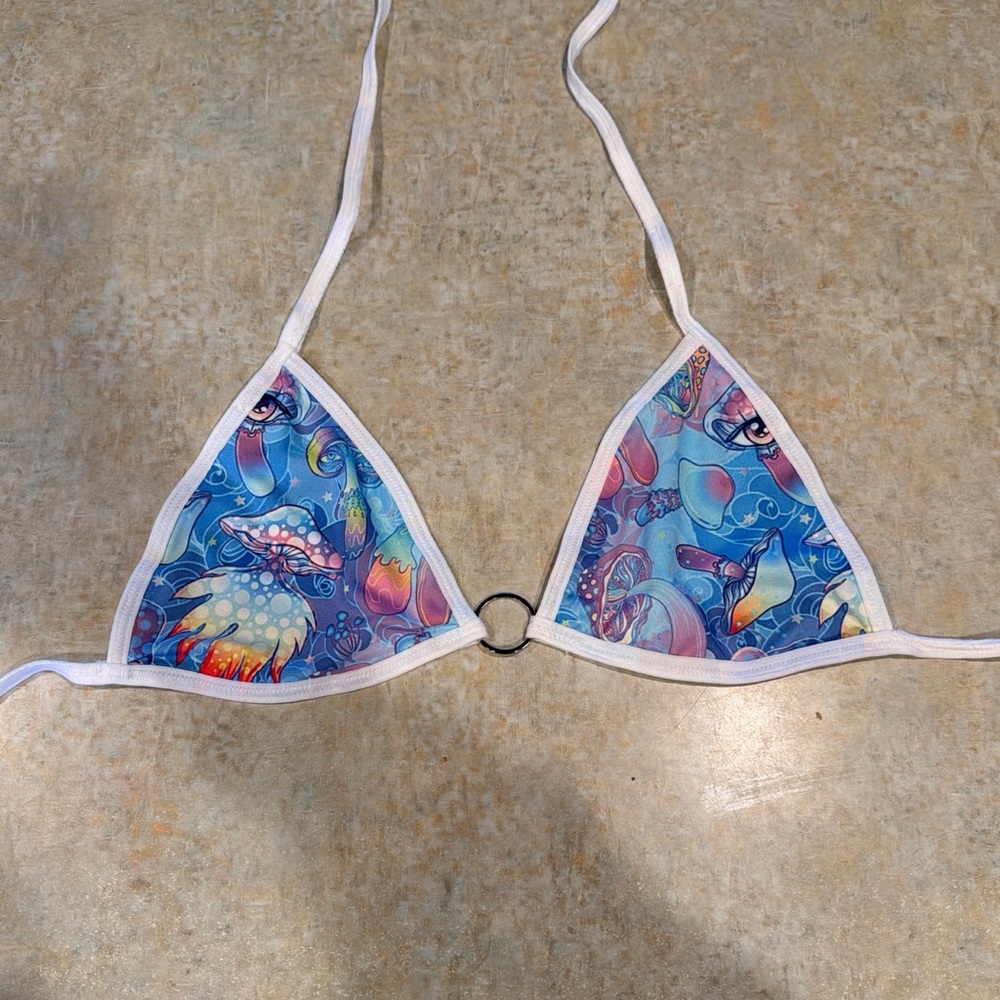 Blue Mushroom Triangle Bikini Top with White Trim Rave Outfit Festival Top